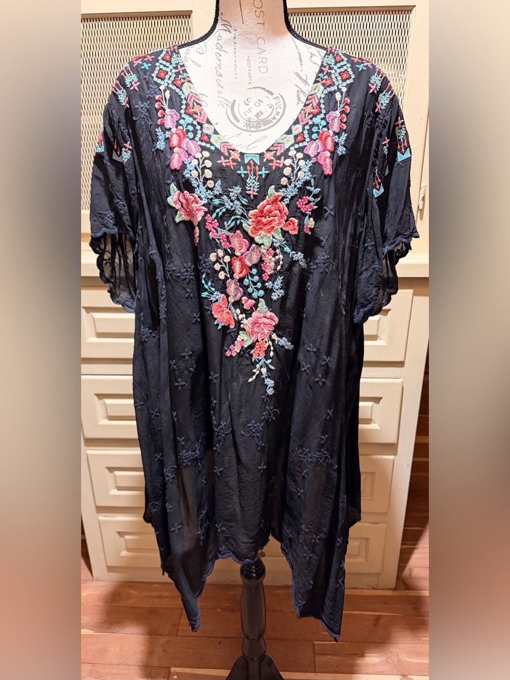 Johnny Was Black Hinga Embroidered Cupra Rayon Tunic Blouse